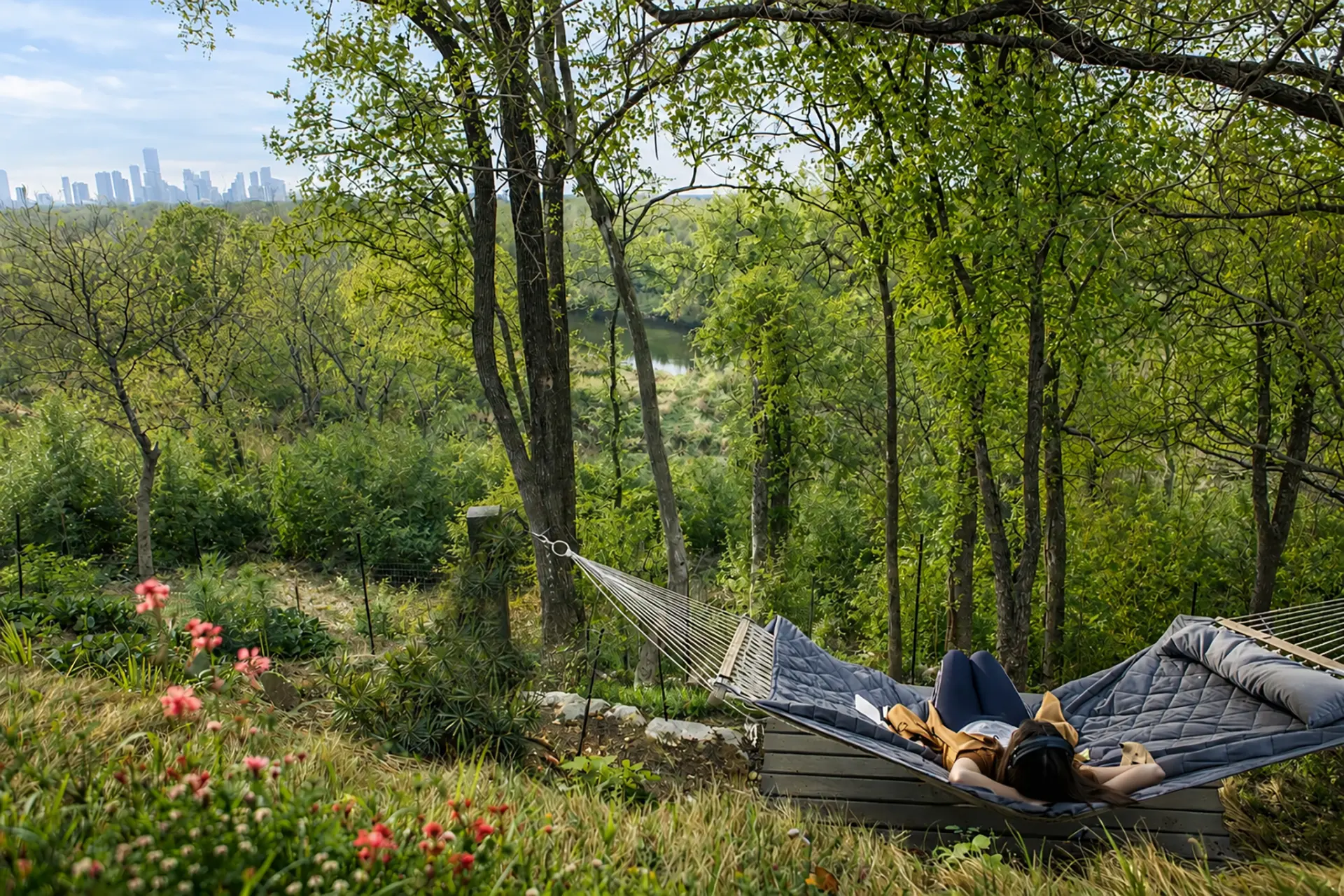 A hammock under the tree canopy with the Colorado River and Austin skyline beyond