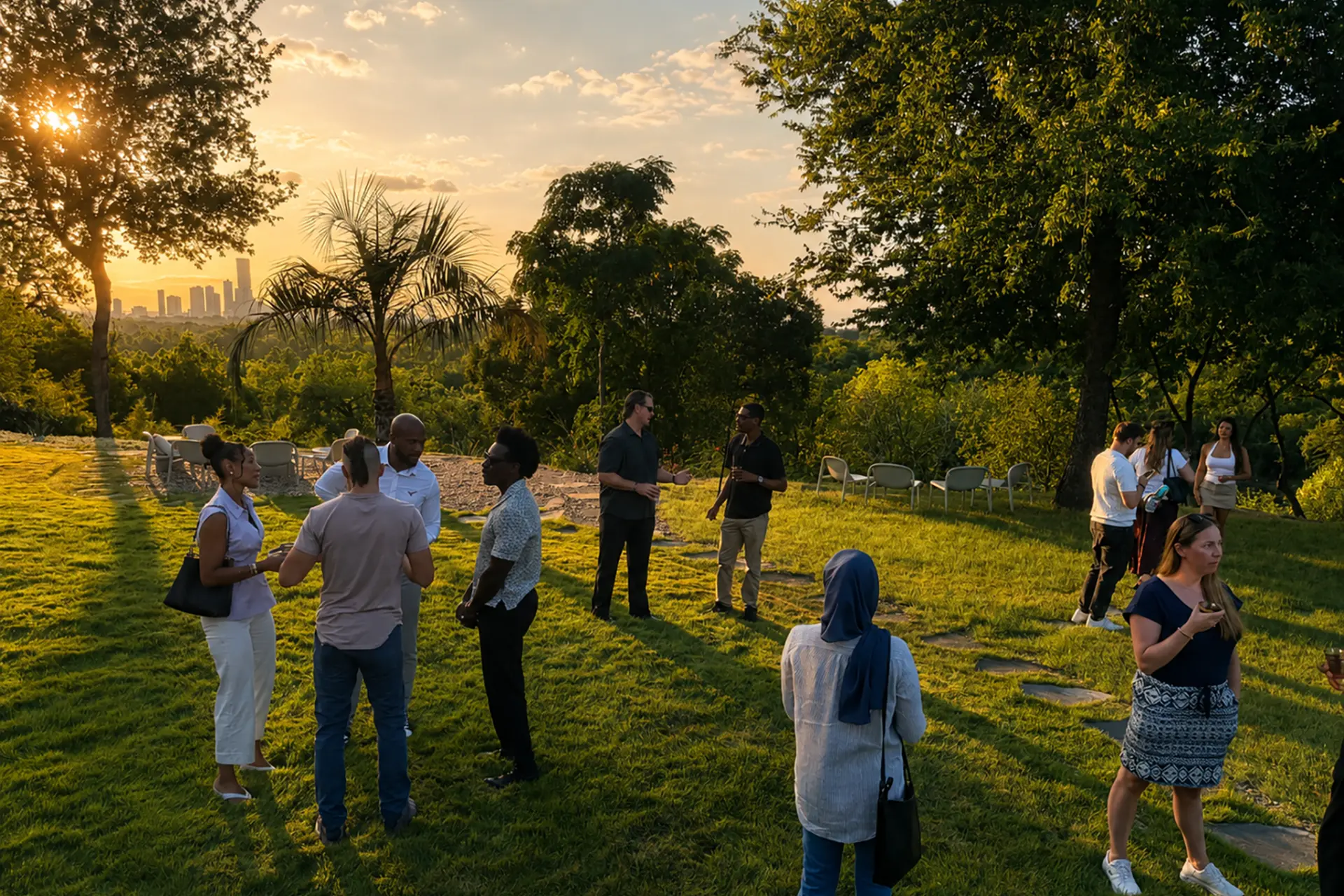 A gathering on the lawn at sunset surrounded by trees and the Austin skyline